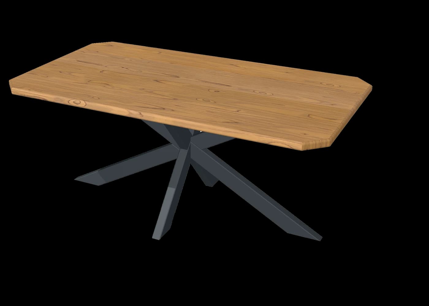 Chamfered rectangular table with a honey finish on anthracite Mikado legs