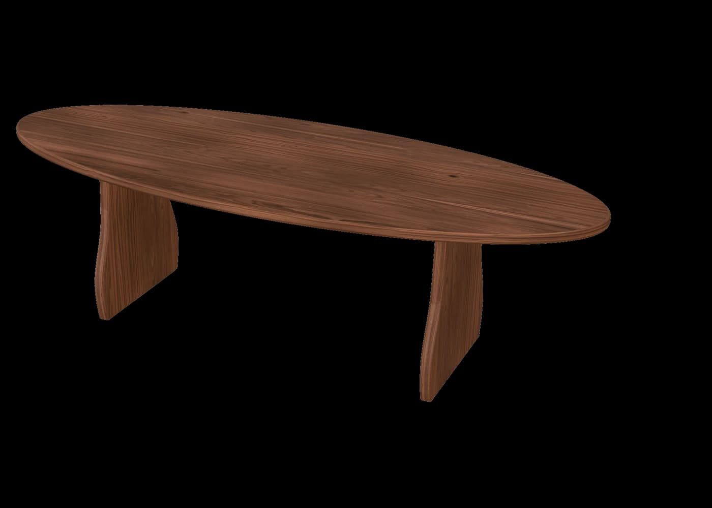 Elliptical walnut table on vase-panel wooden legs