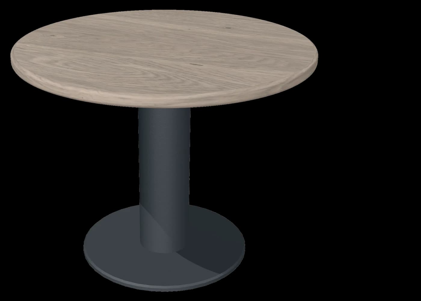 Round grey-finished oak table on an anthracite column base