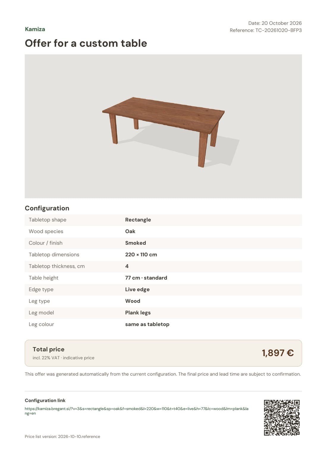 A Kamiza PDF offer for a live-edge smoked oak table on plank legs: 3D render, configuration table, total price of 1,897 € incl. VAT, configuration link and QR code