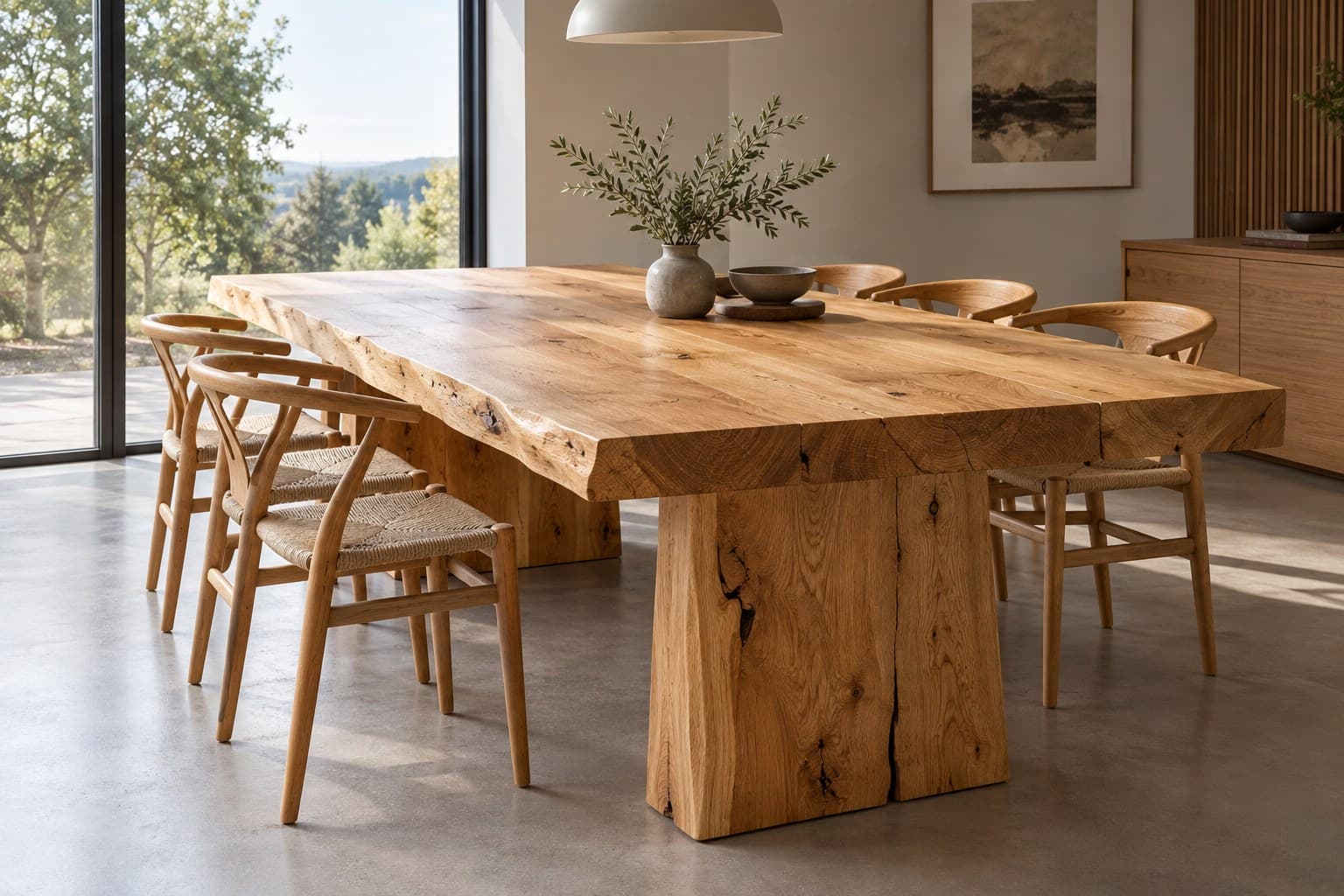 A thick live-edge oak table on solid oak slab legs, with wishbone chairs, in a bright room looking out over trees