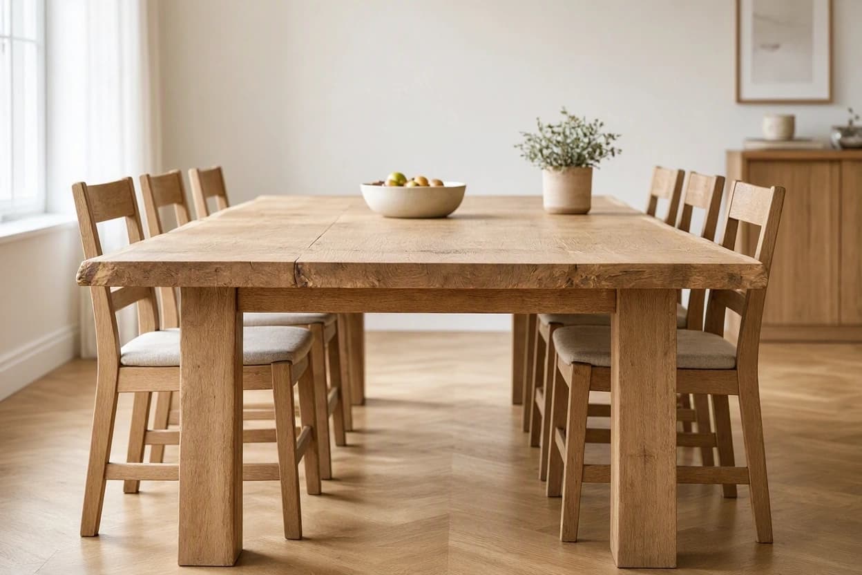 A solid oak dining table with chunky square legs and six oak chairs in a bright dining room