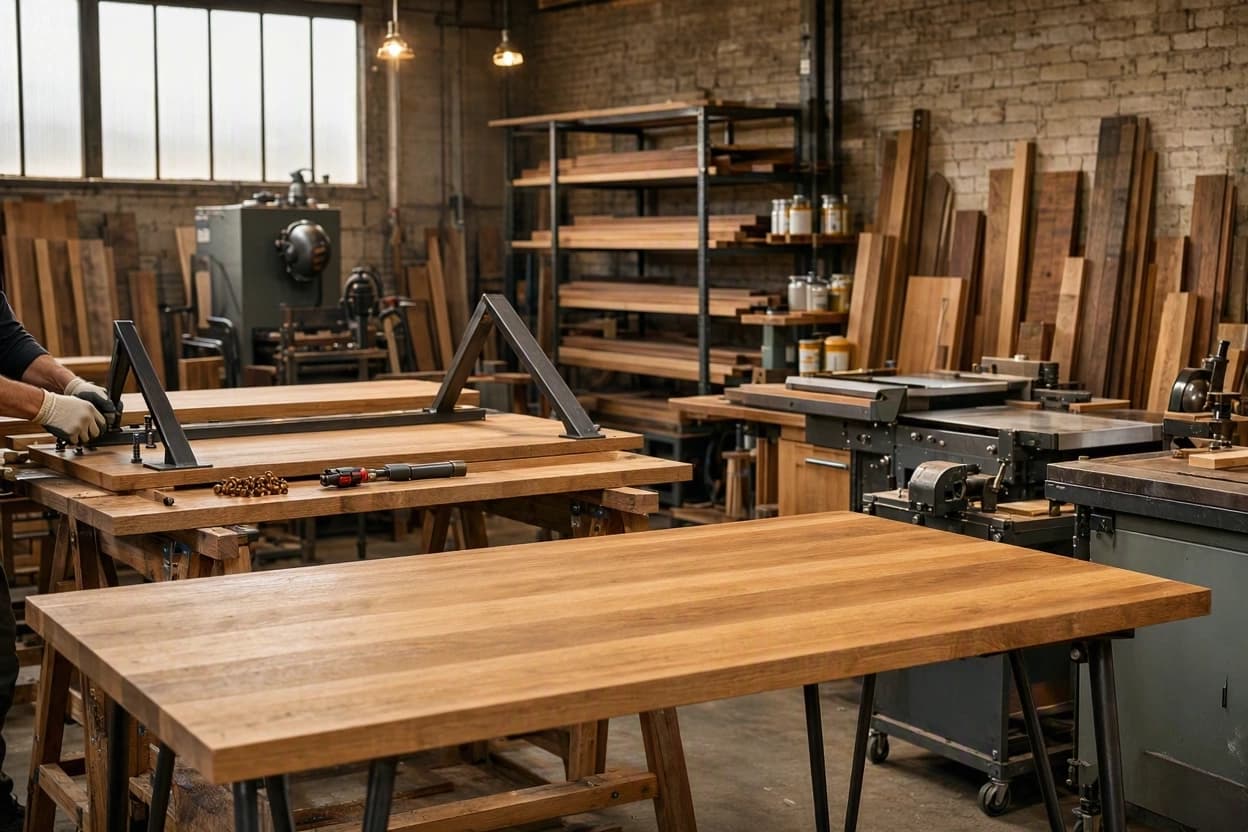 A joiner fitting steel legs to a solid oak tabletop on a workshop bench, with timber racks and machines behind