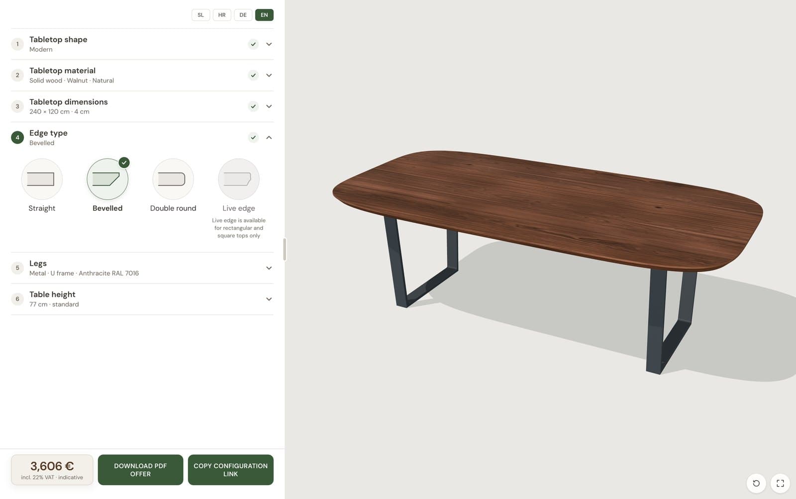 Edge type step: straight, bevelled, double round and live edge profiles; bevelled selected