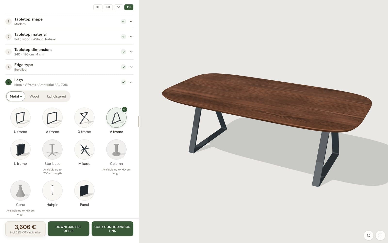 Choosing metal V-frame legs for a walnut table in the configurator