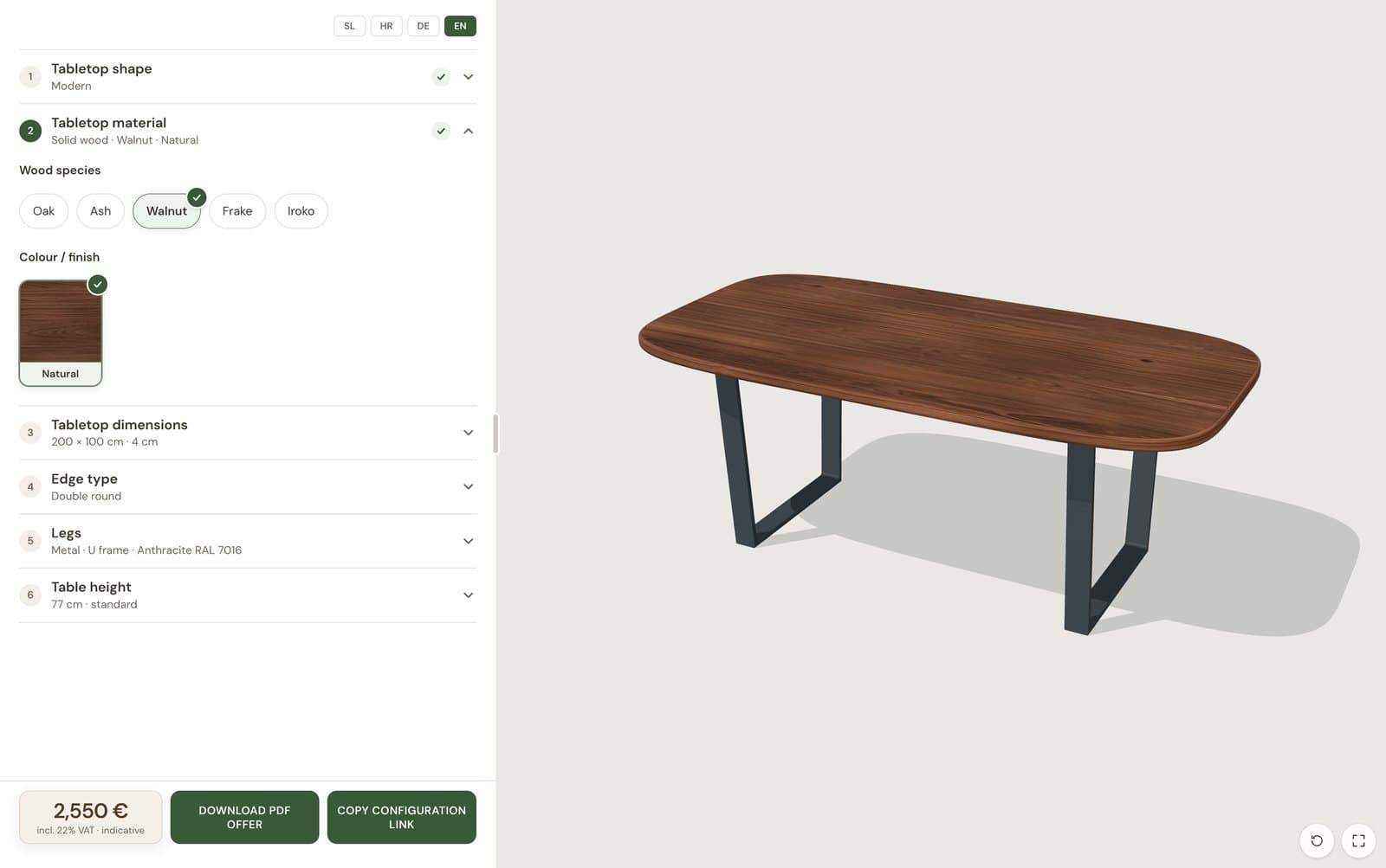 Tabletop material step: oak, ash, walnut, frake and iroko; walnut selected with a natural finish